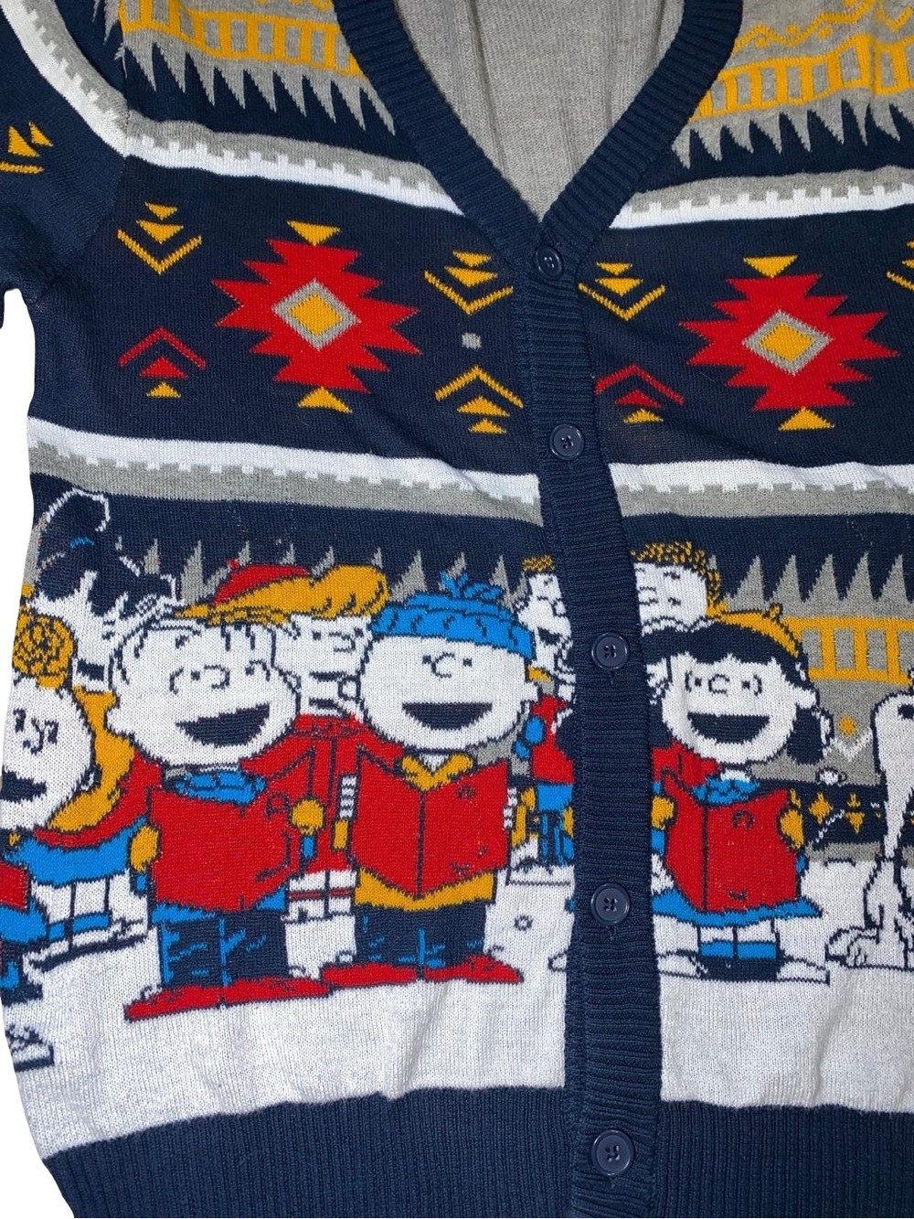 Peanuts Mens XL Charlie Brown Christmas Carolers Fair Isle Knit Cardigan Sweater - Picture 7 of 8